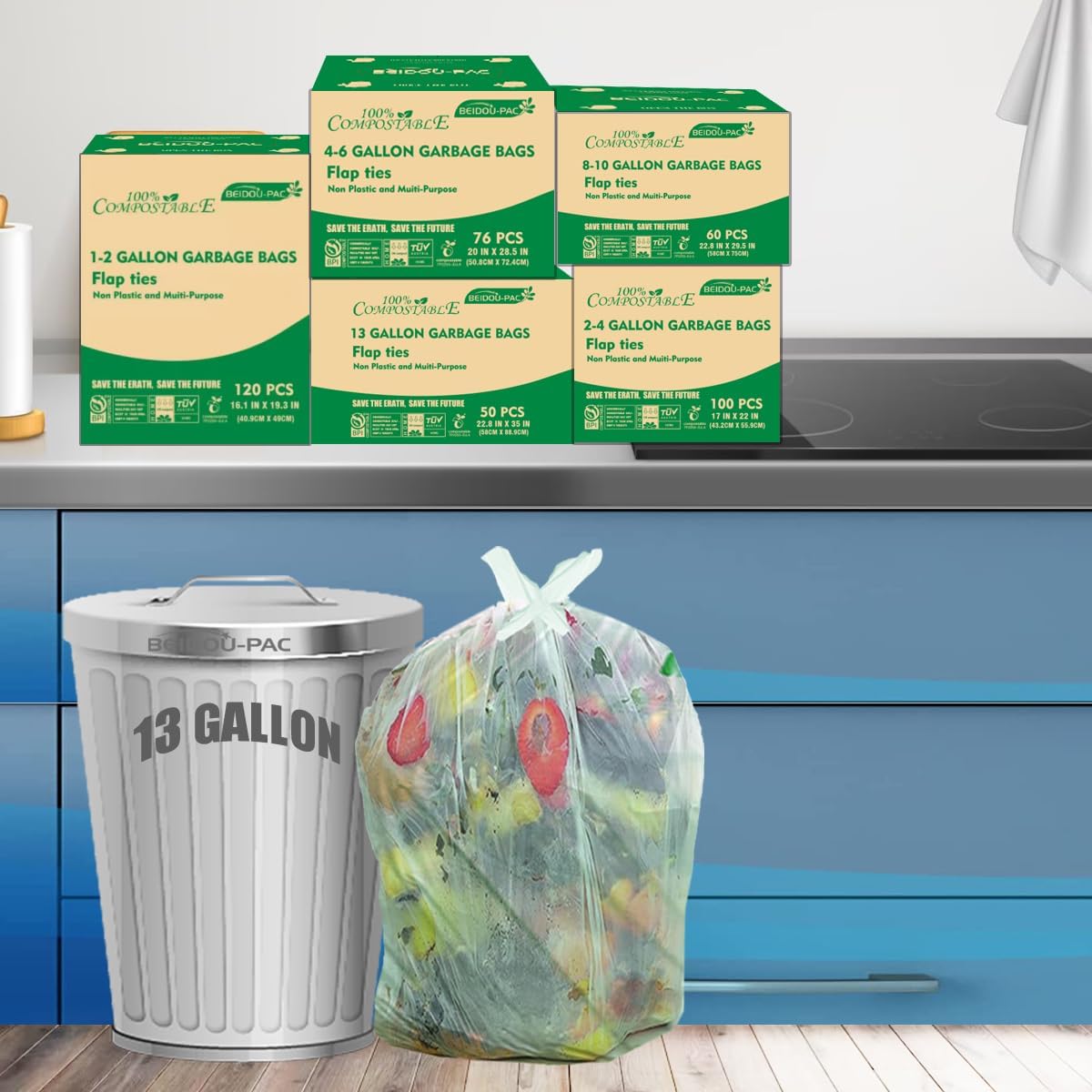 13 Gallon Flap Tie Compostable Trash Bags, 200 Count, Compost Bags Tall Kitchen Trash Bags, Sturdy Biodegradable Garbage Bags Food Scrap Waste Bags, ASTM D6400, US BPI Certified, Green