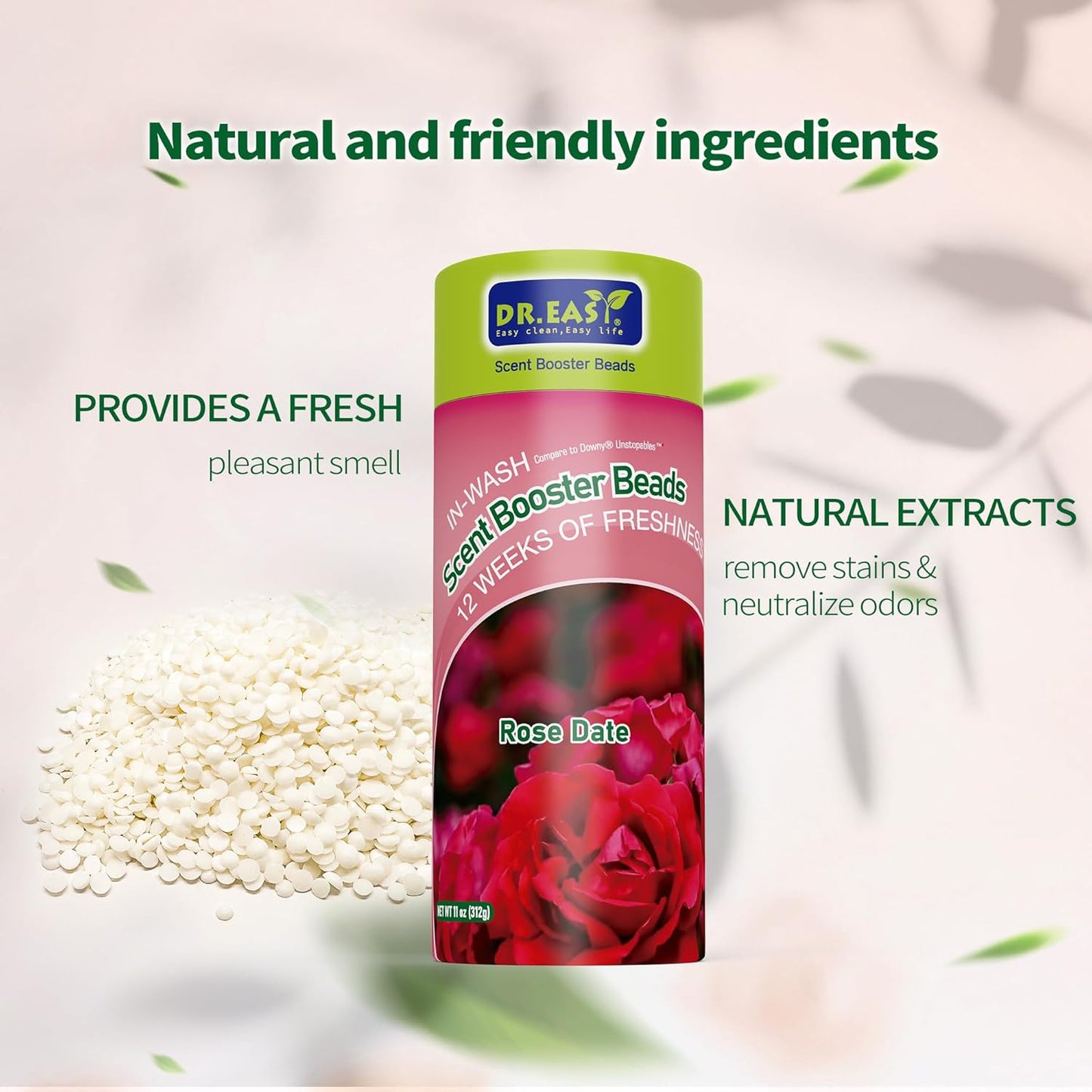 DR.EASY Laundry Scent Boosters 312g,Rose Date Scent Boosters for Washer,Bulk Laundry Booster Beads and fabric scent booster,Fresh Scented Clothes fo 12 Weeks