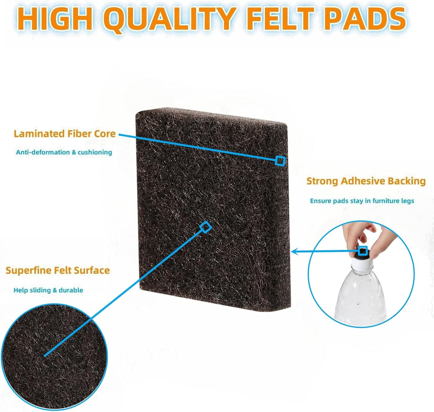 Furnigear Felt Furniture Pads for Hardwood Floors - Self Adhesive Chair Felt Pad, Floor Protector for Furniture Feet, Furniture Sliders Moving Furniture Smoothly, Anti Scratch 96 Pcs 3/4" Square Brown