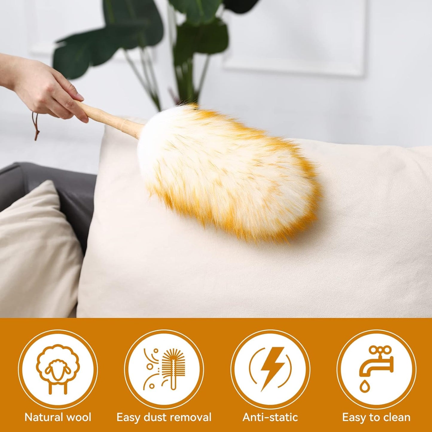 Lambs Wool Duster with Solid Bamboo Handle,Leather Hang Strap,18.9 inch Long,Natural Feather Duster for Cleaning Ceiling Fans,Window Blinds,Computer Screens,Bookshelves etc