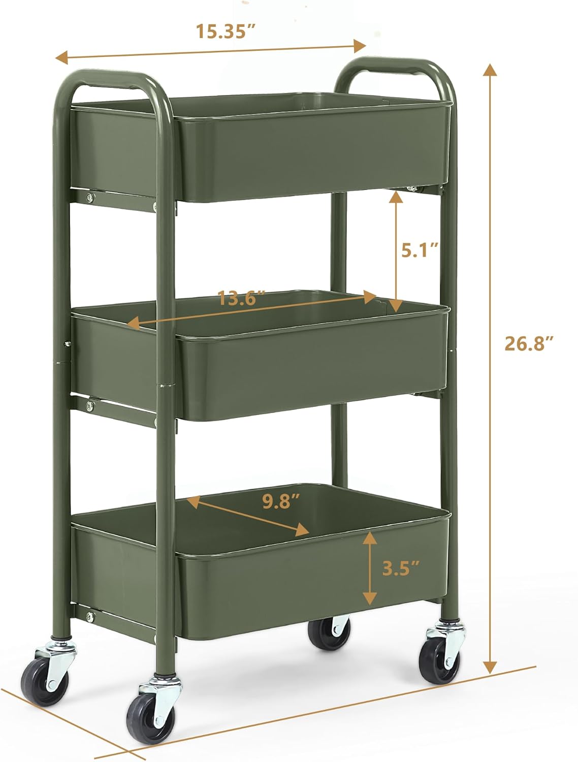 SunnyPoint 3-Tier Delicate Compact Rolling Metal Storage Organizer - Mobile Utility Cart Kitchen/Under Desk Cart with Caster Wheels - Army (15.35" X 10.24" X 26.8"H)