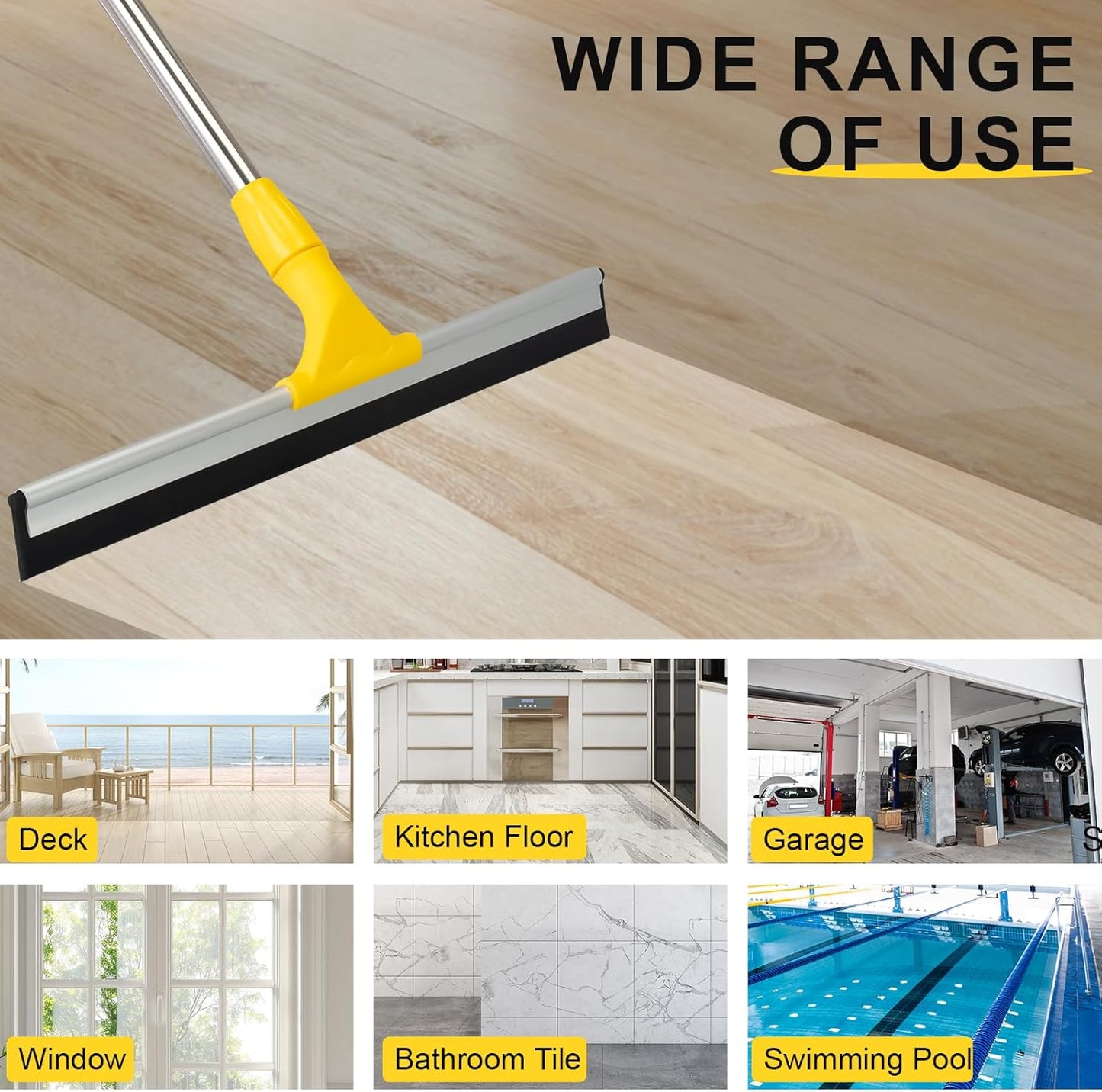 17.2"Professional Floor Scrubber Shower Squeegee,Rubber Silicone Broom with Long Stainless Steel Handle for Kitchen, Swimming Pool, Concrete Floors,Shower Tiles,Garages,Windows,Glass,Pet Hair Removal