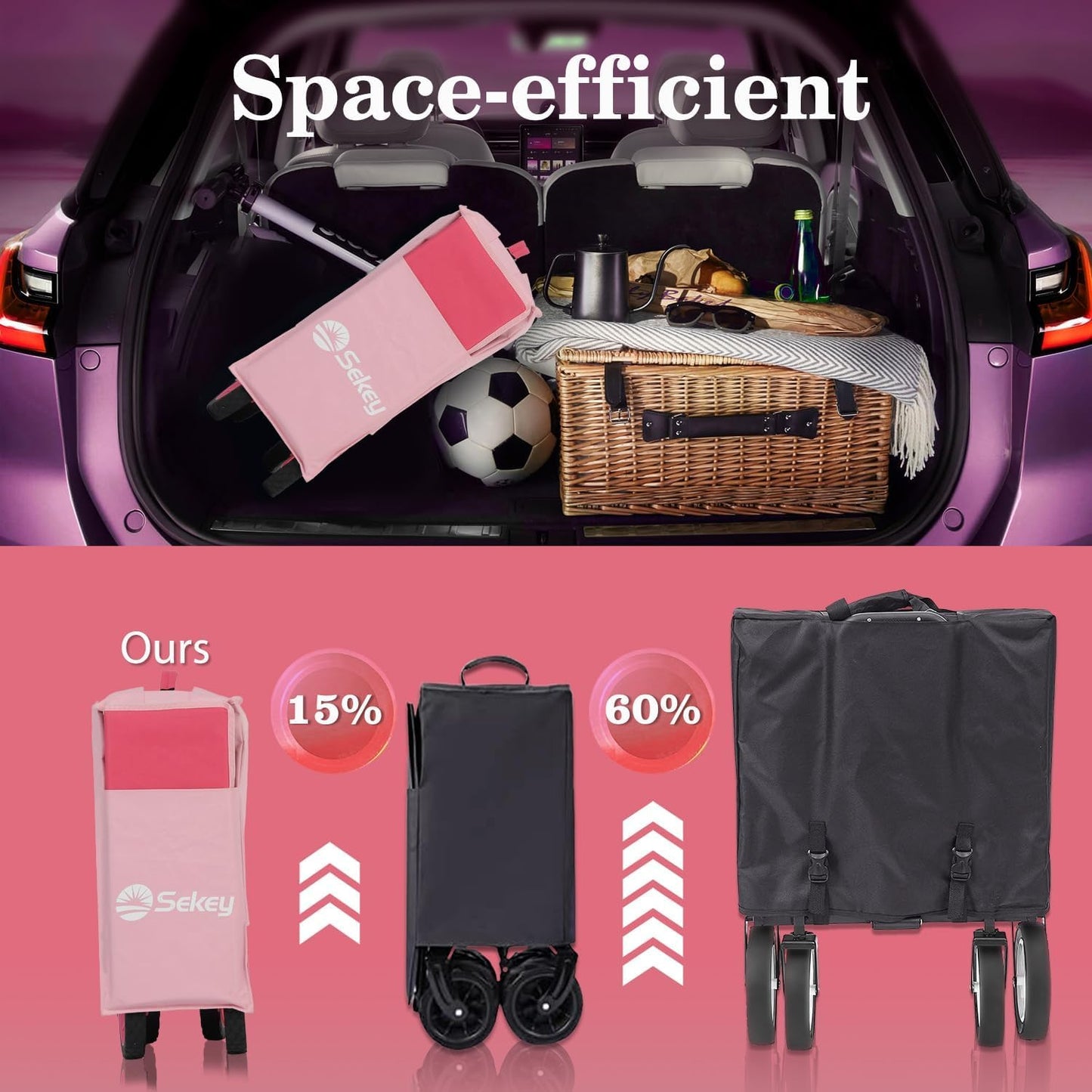 Sekey 220L Collapsible Foldable Wagon with 330lbs Weight Capacity, Heavy Duty Folding Wagon Cart with Big All-Terrain Wheels & Drink Holders (Pink)