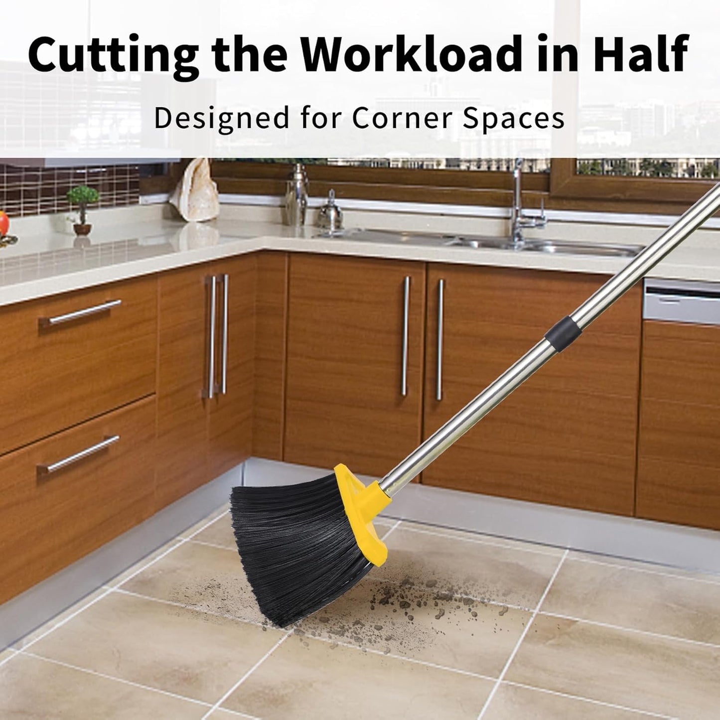 Broom with Dustpan Combo Set, Brooms and Dustpans Sets with 51'' Long Handle, Large Dust Pan and Broom, Self-Cleaning Dustpan Teeth for Lobby Kitchen Office - Black and Yellow