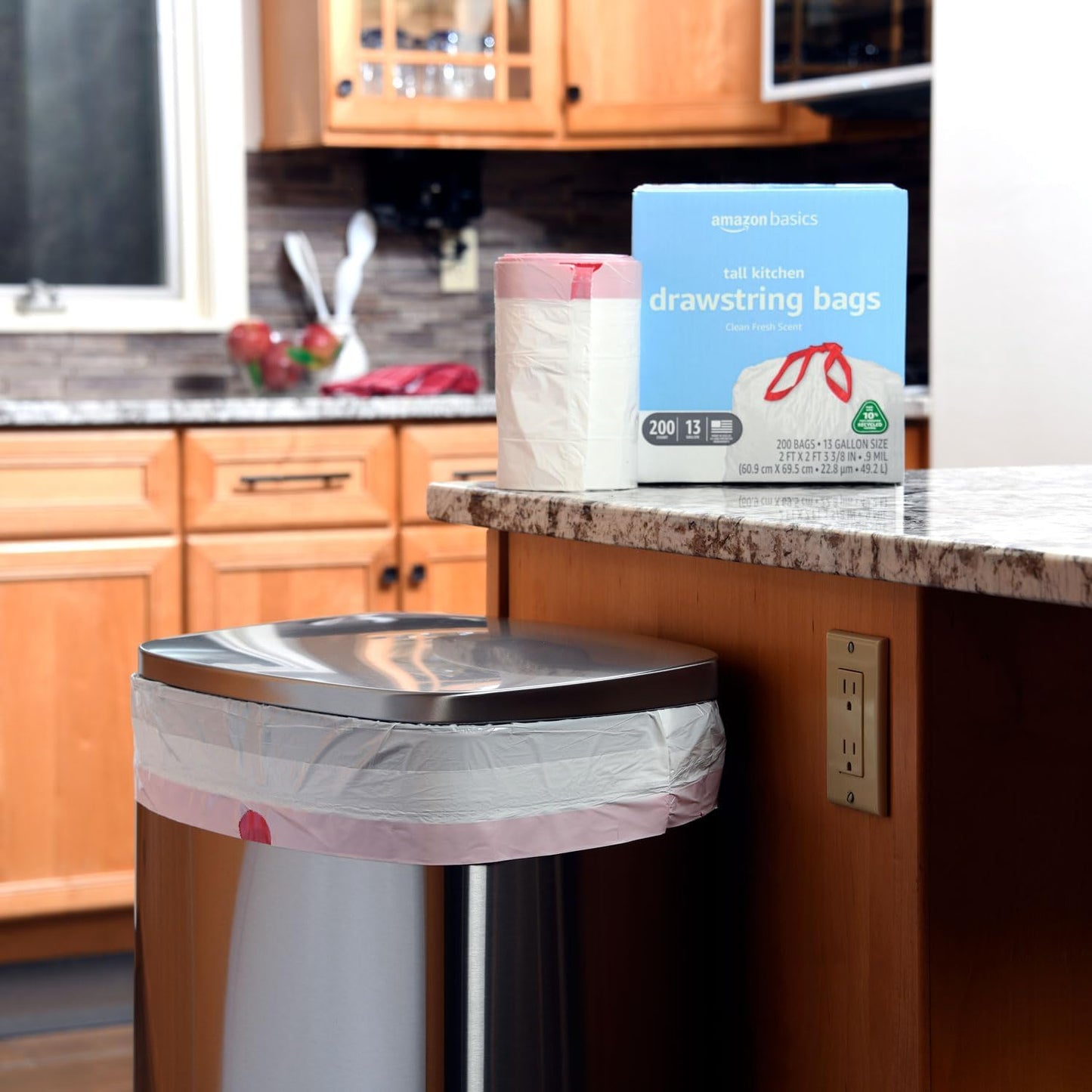 Amazon Basics 13 Gallon Tall Kitchen Drawstring Trash Bags, Clean Fresh Scnet, 10% Post Consumer Recycled, 200 Count