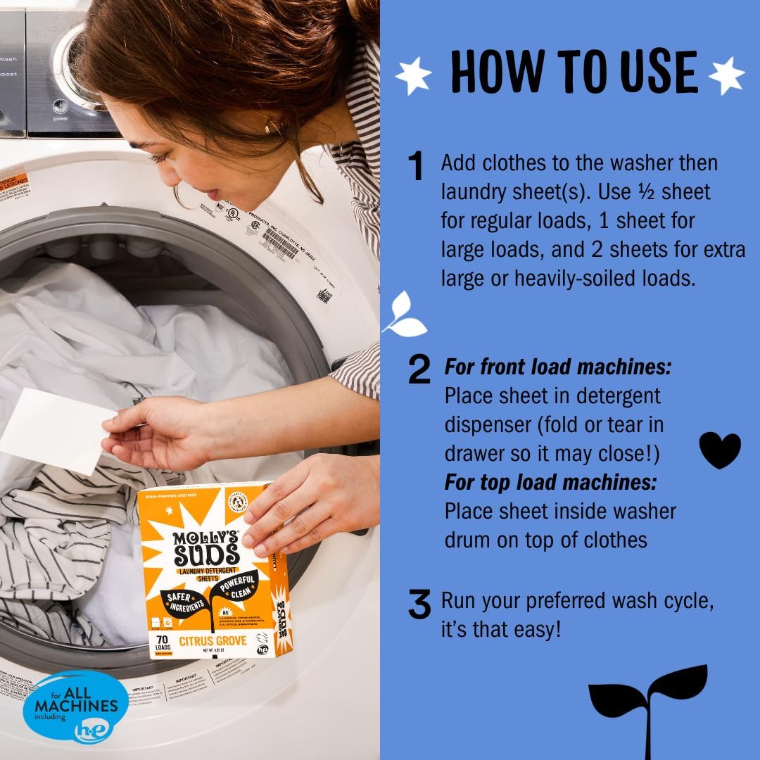 Molly’s Suds Laundry Detergent Sheets | Gentle on Sensitive Skin, Powerful Bio-Based Enzymes, Stain-Fighting | Liquidless & Plastic-Free Packaging | 120 Loads (Ocean Mist)