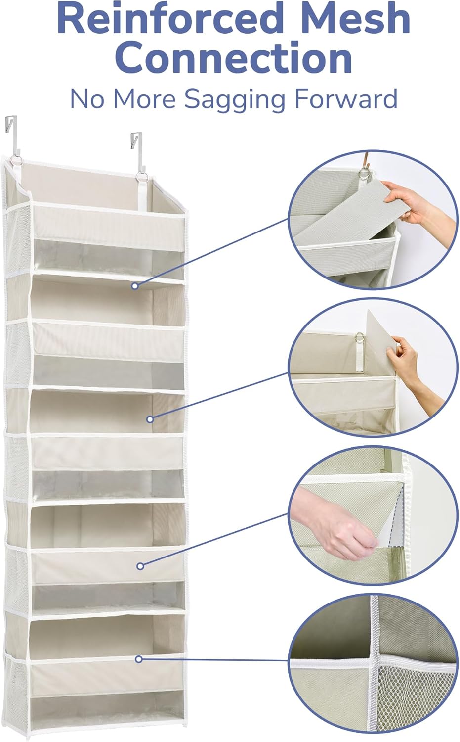 ULG 1-Pack Over Door Organizer with 5 Large Pockets 10 Mesh Side Pockets, 44 lbs Weight Capacity Hanging Storage Organizer with Clear Window for Bedroom Bathroom Kitchen, RV, Camper, Beige