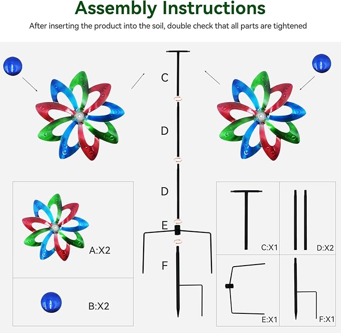 Garden Wind Spinners, Dual-Sided Colorful Metal Windmill 13" Dia*55" Height Wind Sculptures & Spinners, Vibrant Outdoor Kinetic Art for Yard, Garden, Driveway Decor
