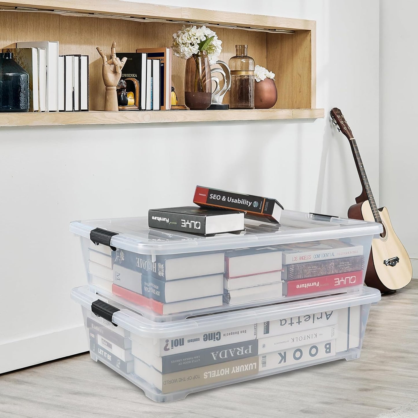 50 Quart Clear Plastic Under Bed Storage Bin with Lid, Underbed Storage Container with Wheels, 3-Pack