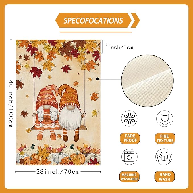Fall Gnomes Swing Maple Leaves Pumpkins House Flag Large 28X40 Inch Autumn Big Vertical Double Sided Outside Yard Outdoor Outside Holiday Decoration