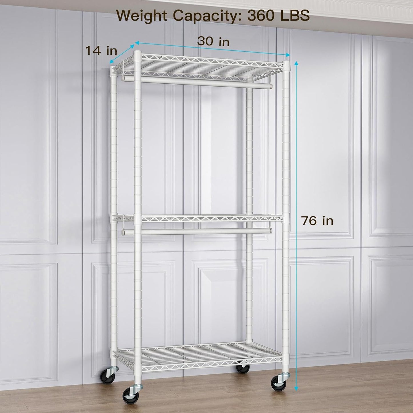 FUTASSI P1 Medium Heavy-Duty Portable Closet, 30" W x 14" D x 76" H, Metal Rolling Clothing Rack, White