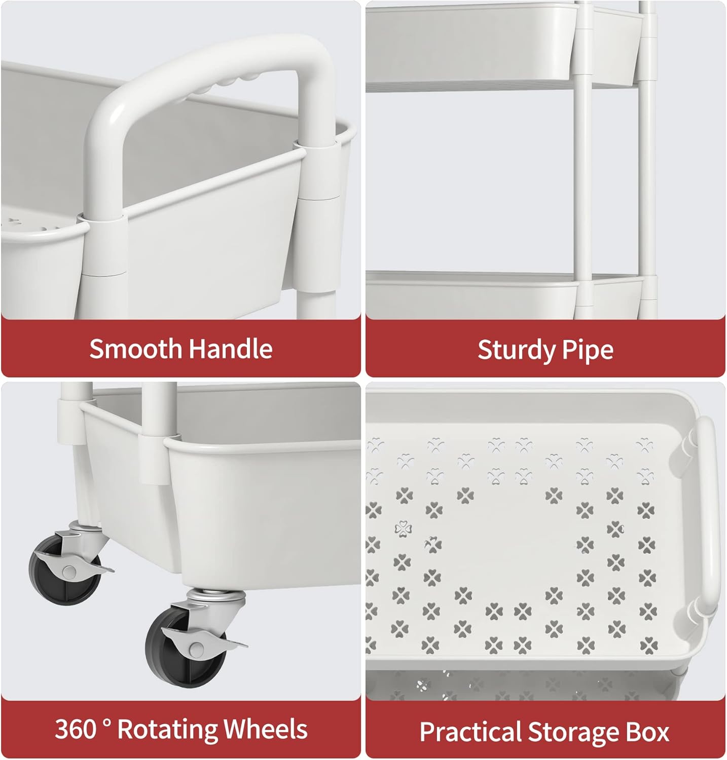 Sywhitta 3-Tier Plastic Rolling Utility Cart with Handle, Multi-Functional Storage Trolley for Office, Living Room, Kitchen, Movable Storage Organizer with Wheels, White