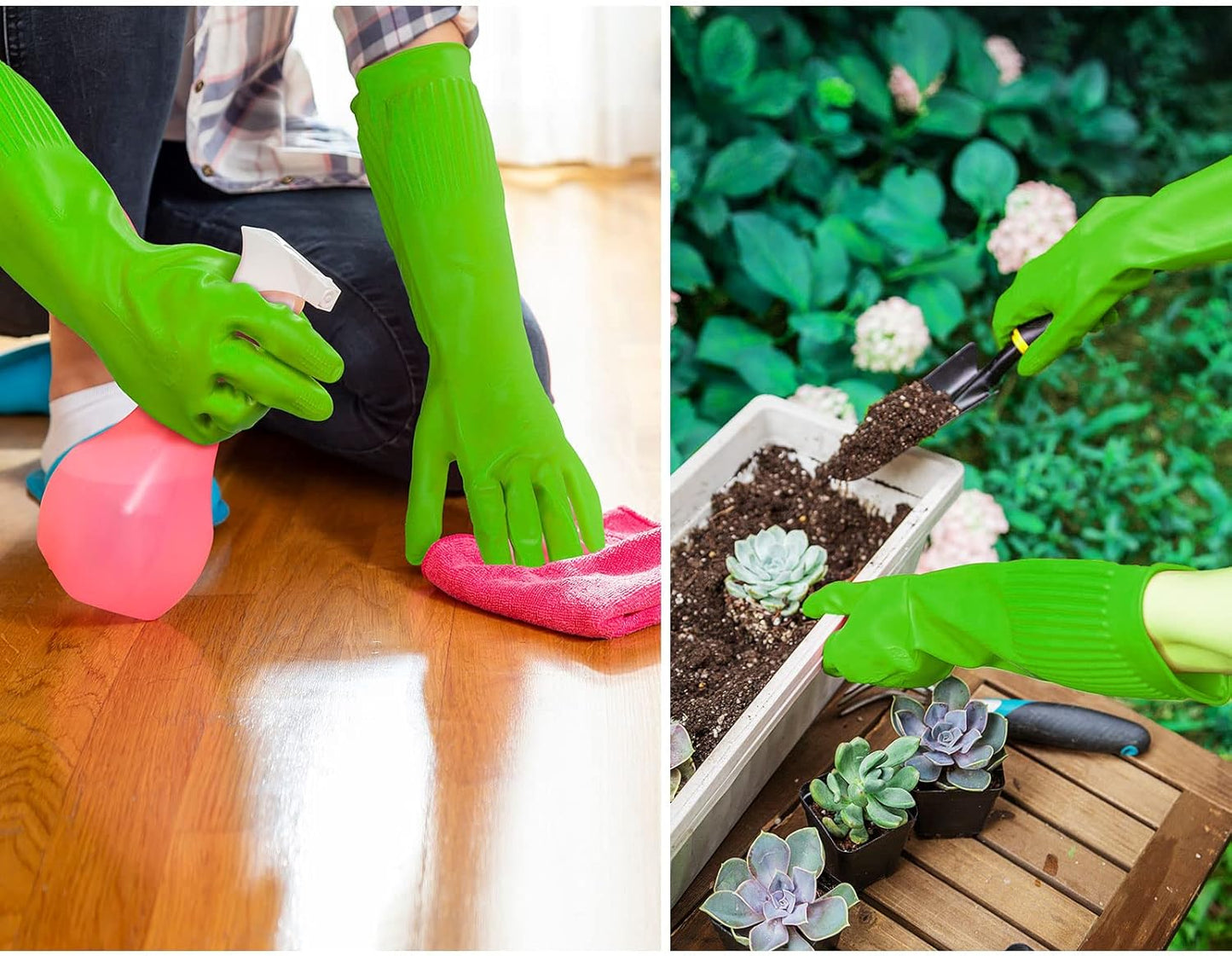 Vgo... 1-Pair Dishwashing Gloves, Reusable Household Gloves, Kitchen Gloves, Long Sleeve, Thick Latex, Cleaning, Washing, Working, Painting, Gardening, Pet Care (Size S,Green, RB2143)