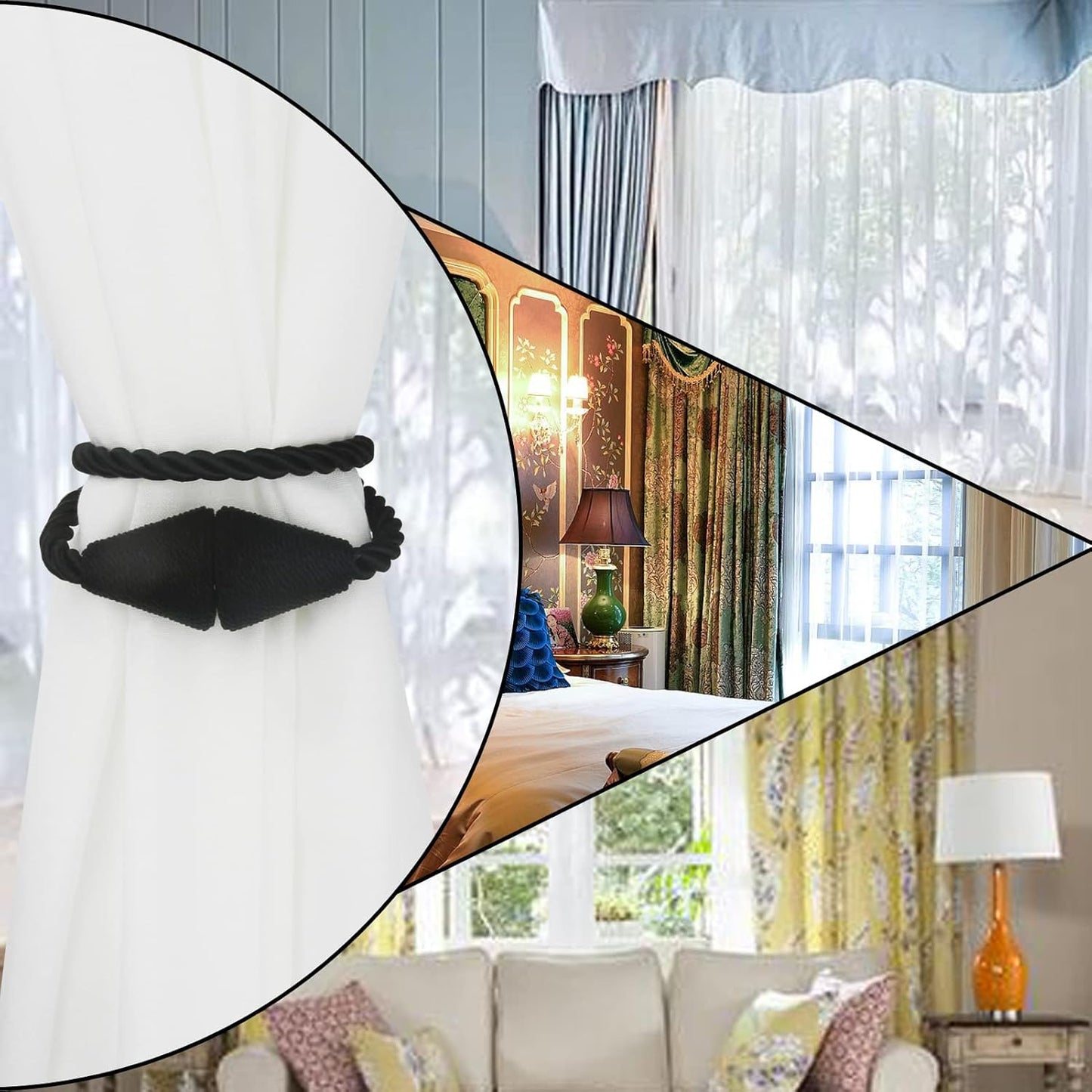 2 Pack Magnetic Curtain Tiebacks Rope Modern Handmade Curtain Tie Backs Decorative Drapes Weave Holdbacks for Window Décor, Black