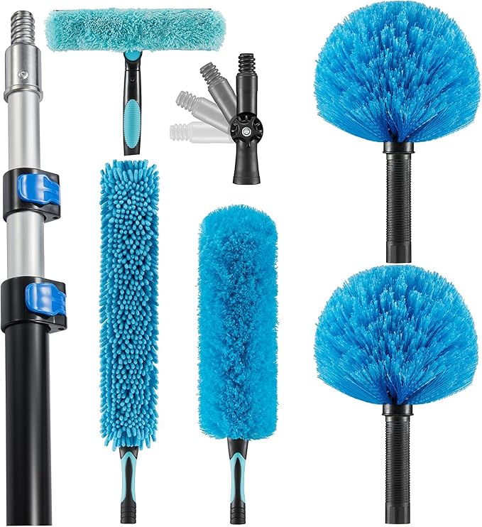 20 Foot High Ceiling Fan Duster with 5-12 Foot Extension Pole, Extendable Reusable Cobweb, Feather, Window Cleaning Squeegee Kit Blue
