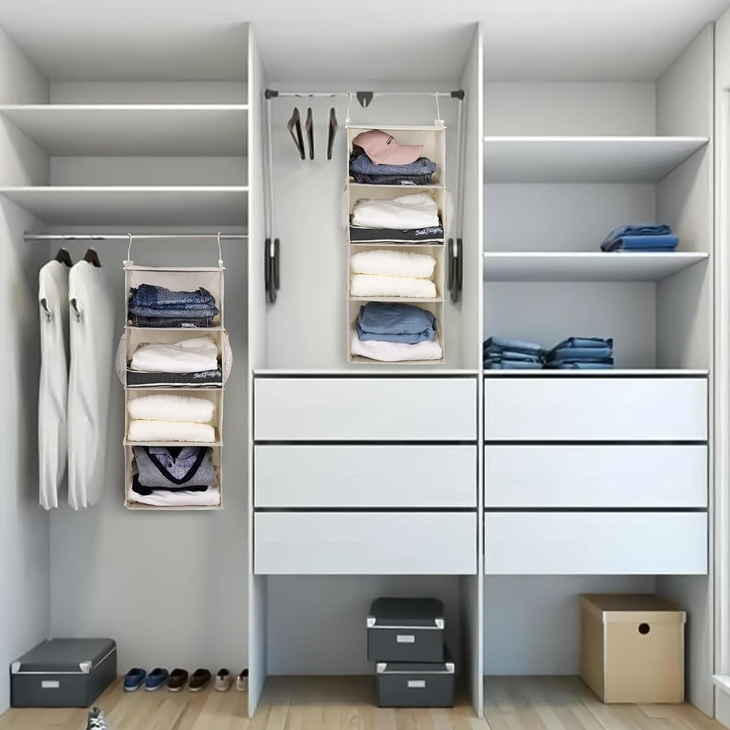 MAX Houser 4 Tier Shelf Hanging Closet Organizer, Space Saver,Closet Hanging Shelf with 2 Sturdy Hooks for Storage, Foldable (Beige)