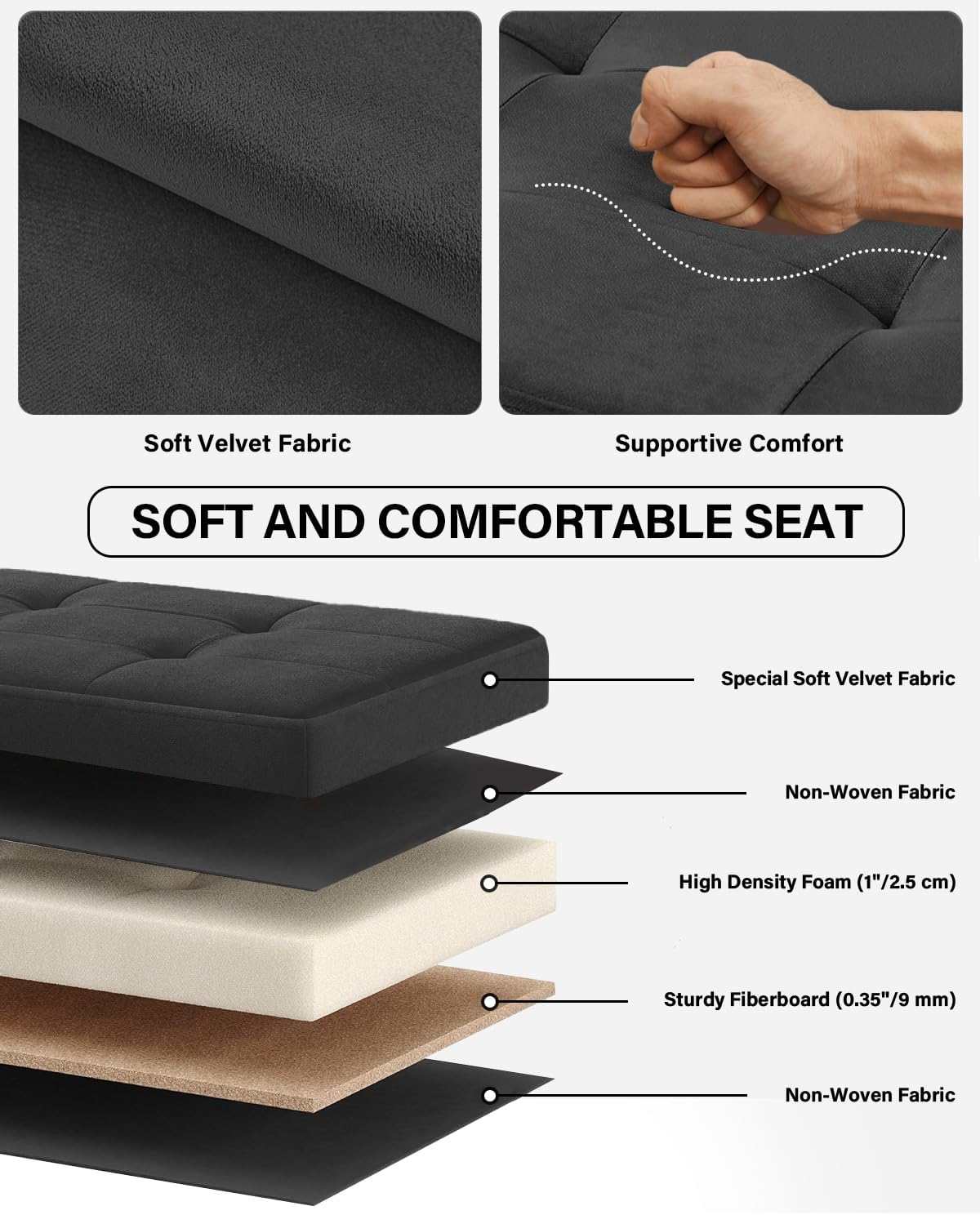 Folding Storage Ottoman, Velvet Storage Bench, Footrest, Removable Divider, for Living Room, Bedroom, 15 x 30 x 15 Inches, 660 lb Load Capacity, Ink Black UASND01B