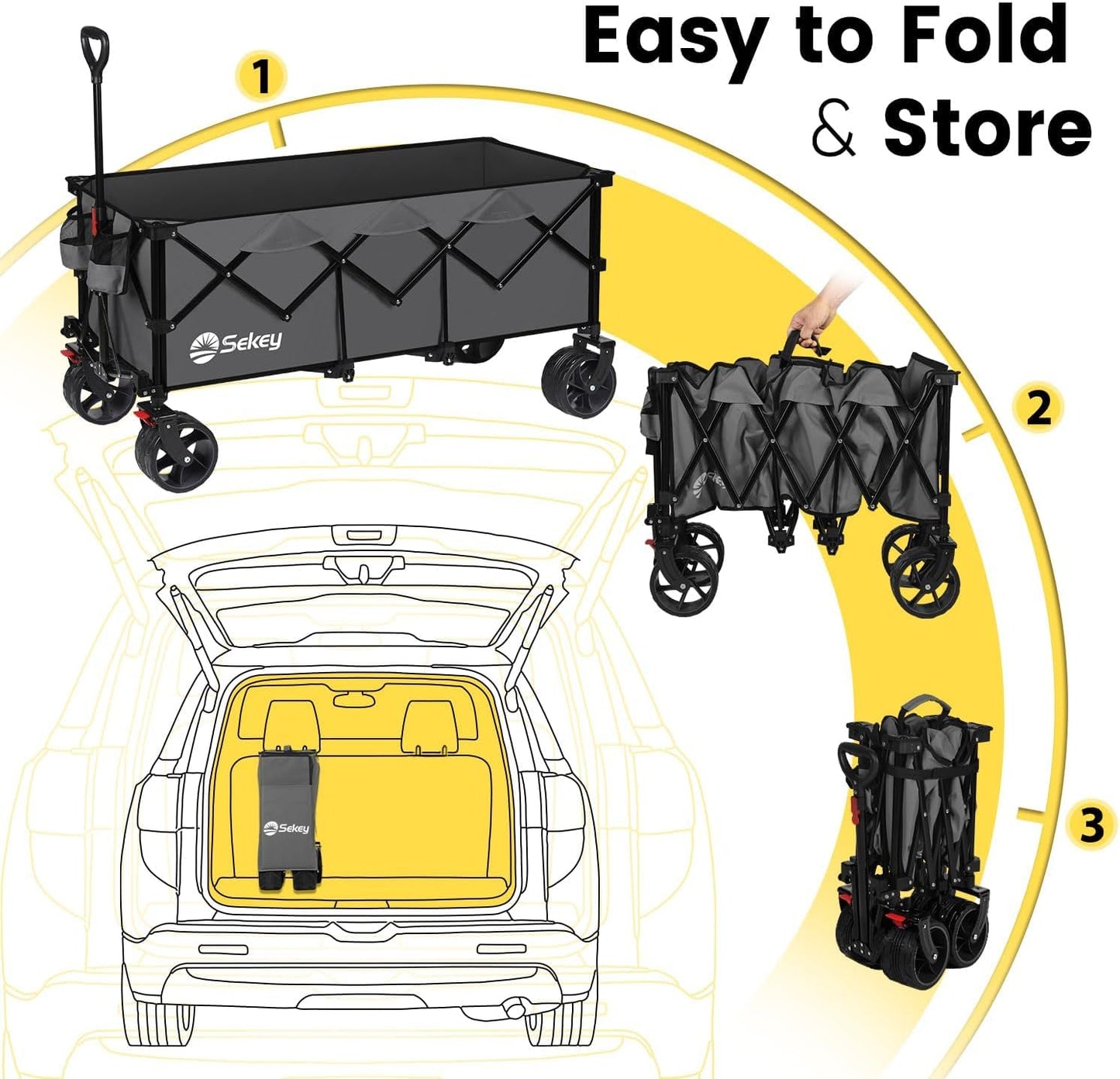Sekey 48''L Collapsible Foldable Extended Wagon with 440lbs Weight Capacity, Heavy Duty 300L Folding Utility Garden Cart with Big All-Terrain Beach Wheels & Drink Holders. Grey
