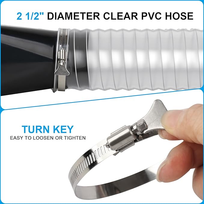 2 1/2" x 50' Heavy PVC Dust Collection Hose,Flexible Clear Debris and Fume Collection Hose with Stainless Steel Hose Clamps for Dust Collectors with 2 1/2" Ports, Ideal for Shop Vacuums