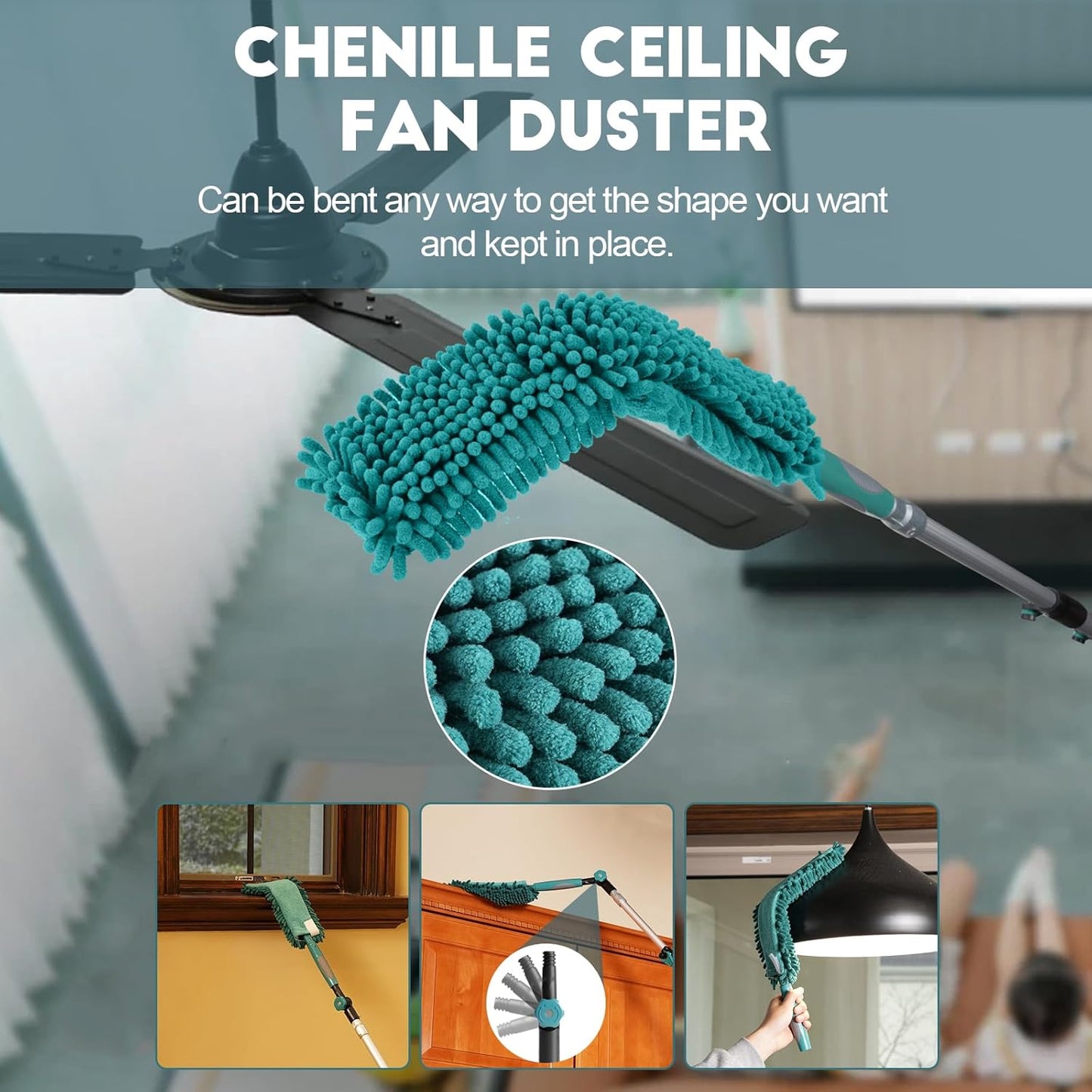 20 Foot High Reach Duster Kit with 5-12FT Extension Pole High Ceiling Dusting and Window Cleaning Kit with Telescopic Pole Window Washer&Squeegee,Cobweb Duster,Fan Duster and Feather Duster