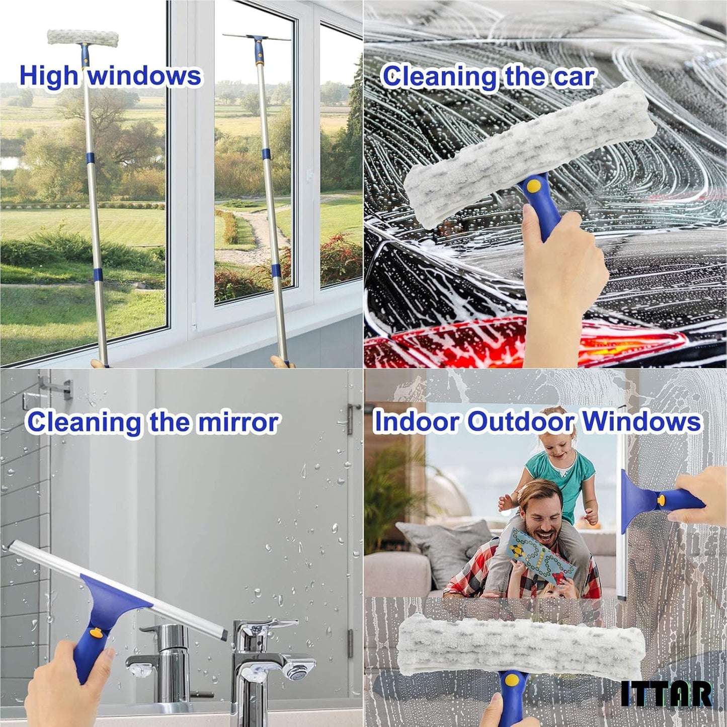 ITTAR Window Squeegee with 2 Sets Stainless Steel Pole, Squeegee Cleaning Tools with Microfiber Pads, 60"-72" Telescopic Window Washing Kit, Professional Squeegee Cleaner for Home Car Outside Glass