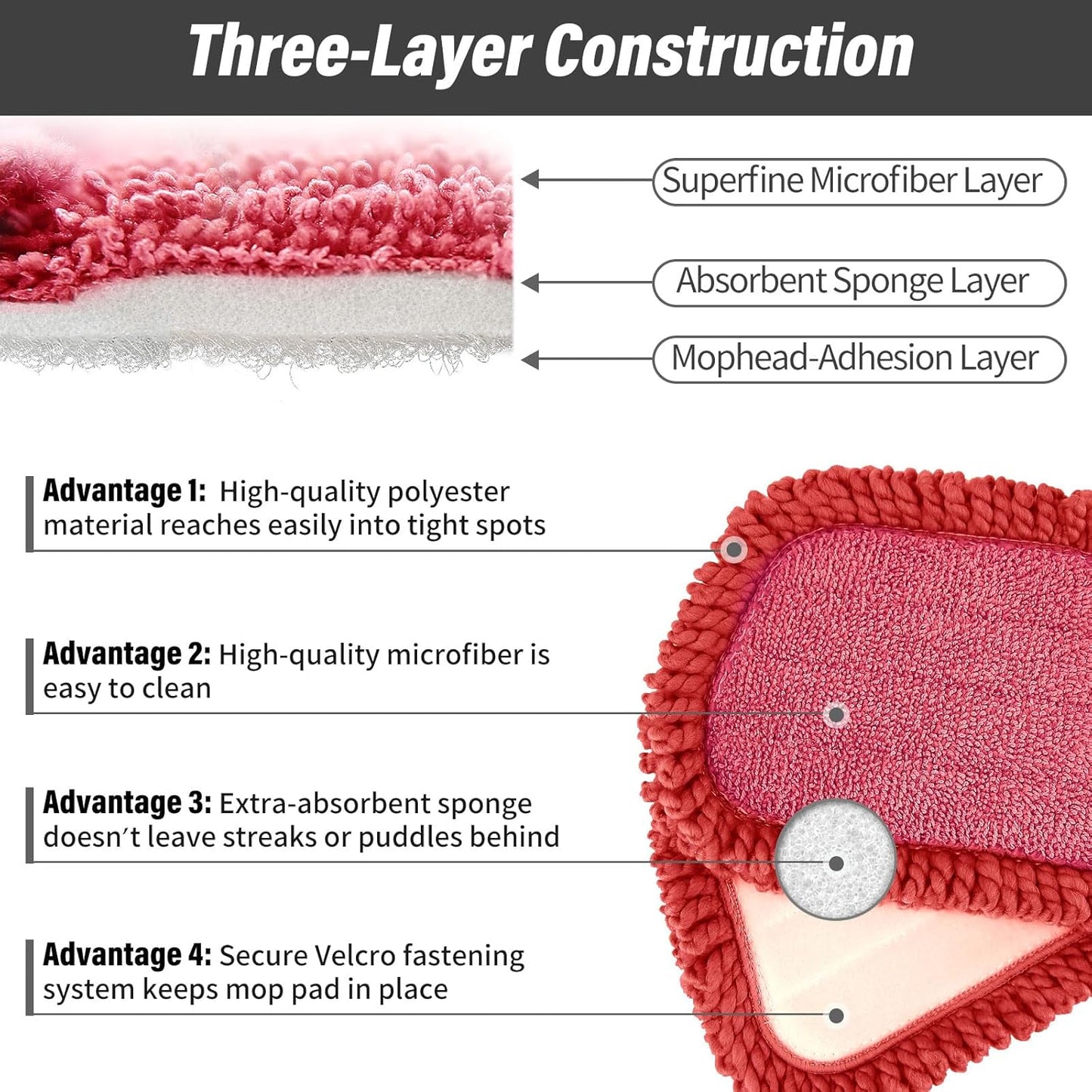 16.5 inch Mop Refills, 3 Pack Microfiber Reusable Replacement Mop Pads Flat Replacements Heads for Wet Or Dry Floor Cleaning and Scrubbing, Red Curly Cloth