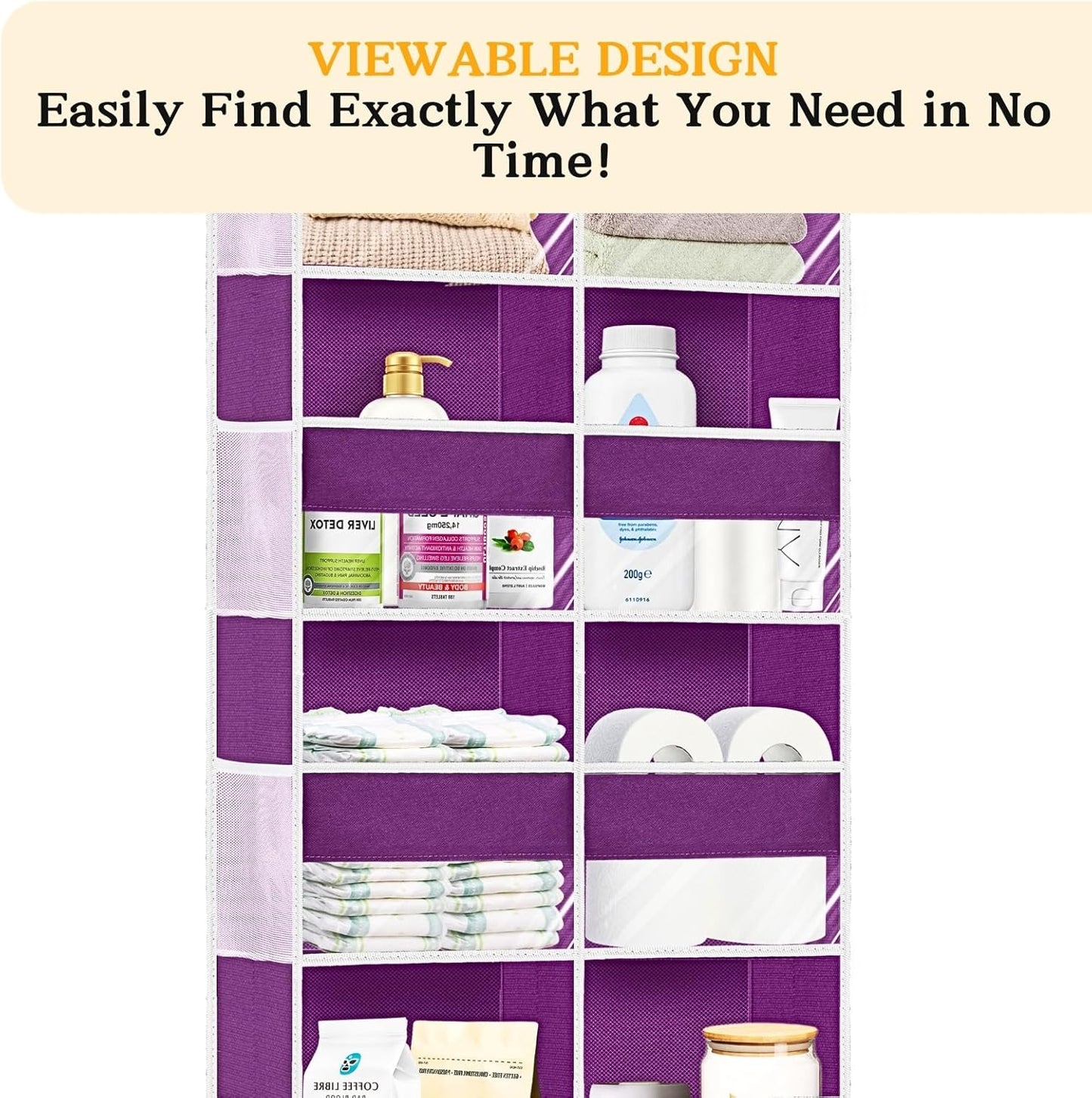 Over The Door Organizer 5 Tiers, Extra Large Behind Door Storage of 10 Compartments, 80 lbs Weight Capacity Hanging Storage Organizer with Clear Window Kids Toys,Shoes,Diapers,Room Storage,Purple