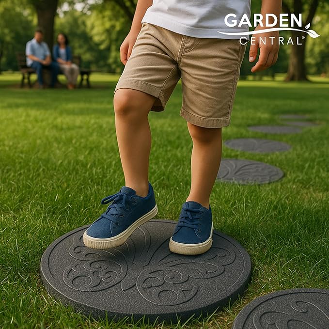 Garden Central 4-Pack 18”x18” Fake Butterfly Rubber Stepping Stones, Round, Grey – Reversible Non-Slip Outdoor Faux Decorative Set for Landscaping – DIY Decor for Walkways & Yard Pathways