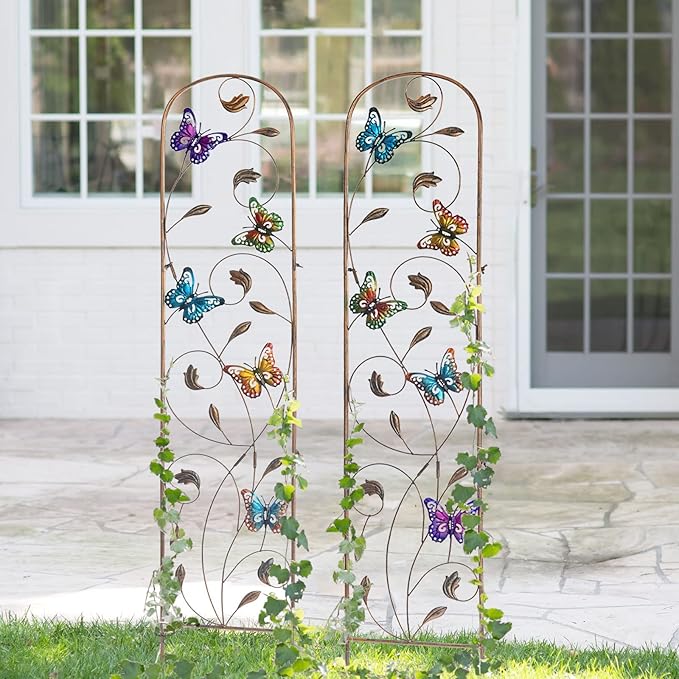 LEWIS&WAYNE 2 Pack Metal Garden Trellis with Colorful Butterfly 60 Inch High Outdoor Decoration Arched Fence Trellis for Climbing Plants for Patio, Lawn, Yard, Backyard, Wall Brackets