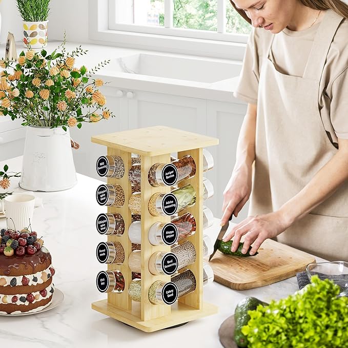 WelFurGeer Bamboo Spice Rack Organizer for Countertop, Revolving Spice Shelf with 20 Glass Jars, Lids & Labels, Desktop Rotating Seasoning Organizer for Kitchens, Space-Saving Design