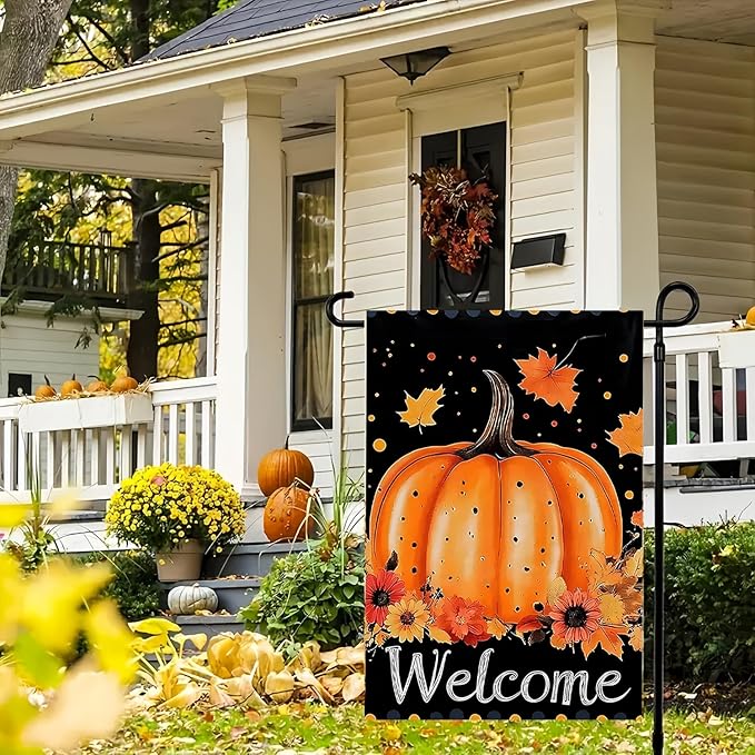 Pumpkin Garden Flag 12X18Inch Double Side,Autumn Maple Leaves Fall Yard flag, Welcome Thanksgiving Outside Small Garden Flag Decorative,Fall Outdoor Flag for Holiday Patio Courtyard