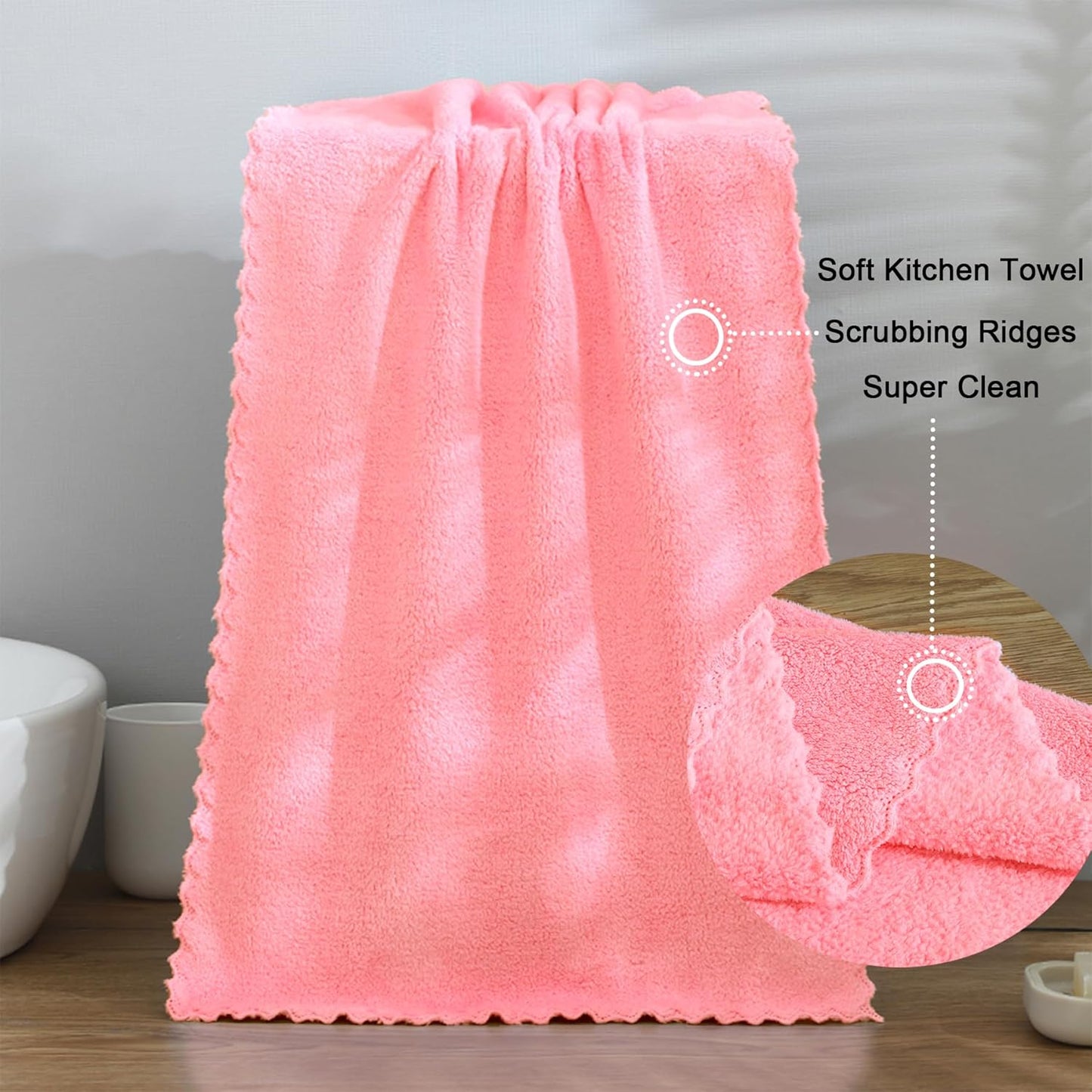 kimteny Kitchen Cloth Dish Towels, 13x28 Inches Premium Dishcloths, Super Absorbent Coral Velvet Microfiber Cleaning Cloths, Fast Drying Rags for Washing Dishes (13x28-6 Pack, Pink)