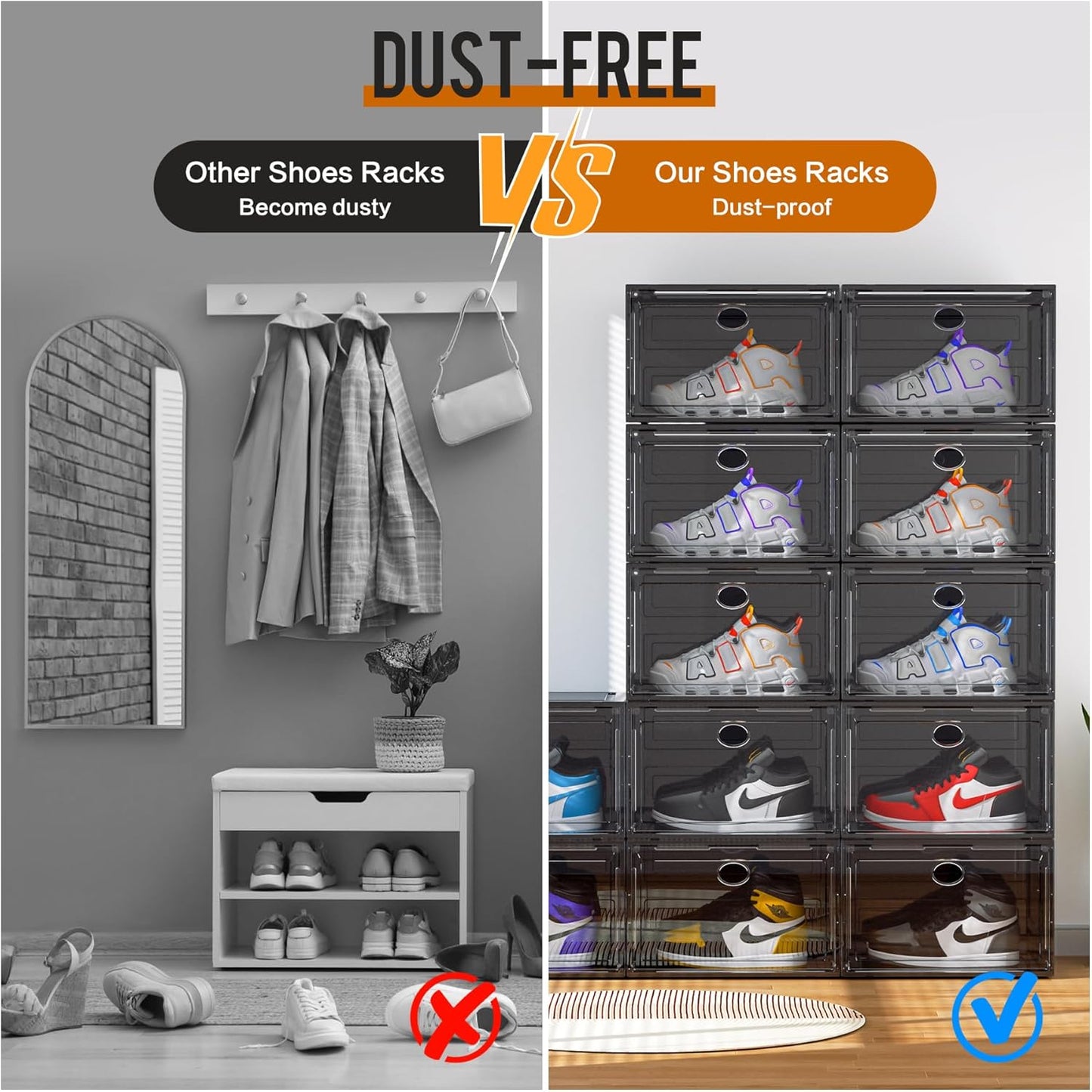 KEFA XL Shoe Storage Box Organizer, 8 Pack Shoe Boxes Clear Plastic Stackable, Sneaker Display Case Container Fit for US 13 (Side 8 PACK BLACK)