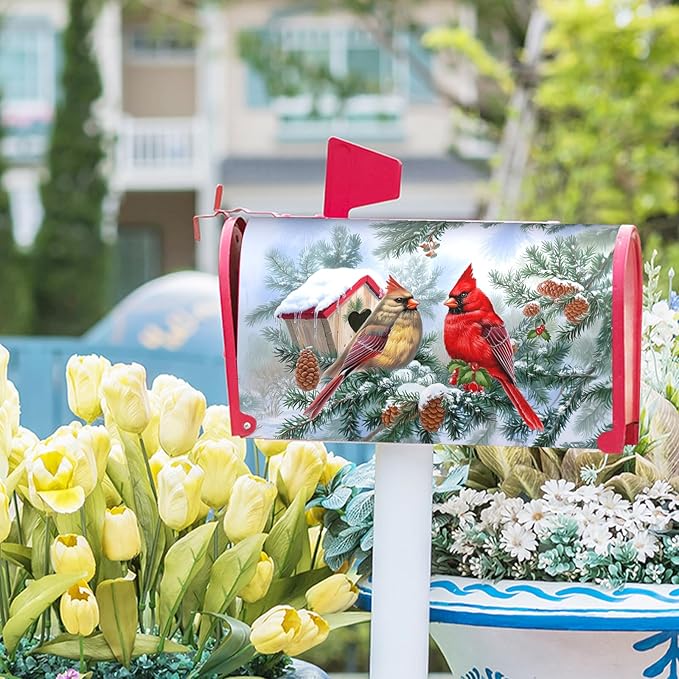 Winter Cardinal Magnetic Mailbox Covers Large Size 25.5''x21'' Xams Sweet Birds Decorative Post Letter Box Cover Christma Birdhouse Snowy Pine Letterbox Cover for Home Outdoor Garden