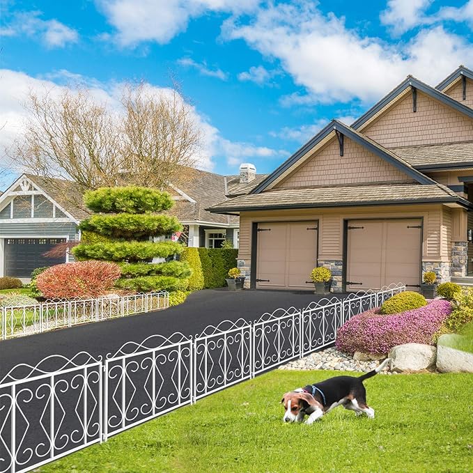 AMAGABELI GARDEN & HOME 5 Panels 24in(H)×10ft(L) Decorative Garden Fences and Borders for Dogs No Dig Rustproof Metal Fence Panels Garden Fence Edging Border Animal Barrier Fencing White