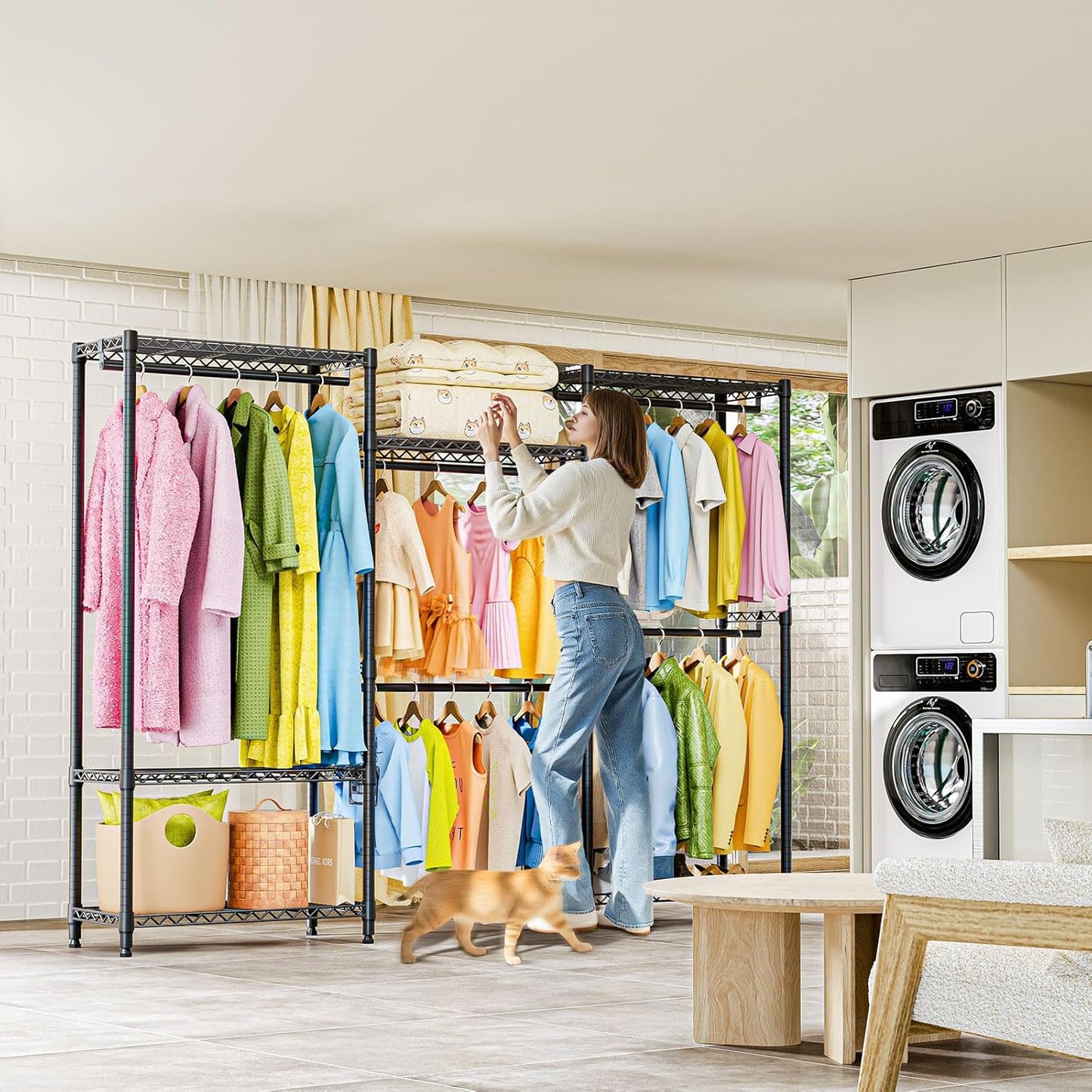 Heavy Duty Rolling Garment Rack 3 Tiers Adjustable Wire Shelving Clothes Rack with Rods Storage Closet Clothing Rack Black 15.7" D x 70.8" W x 76.5" H