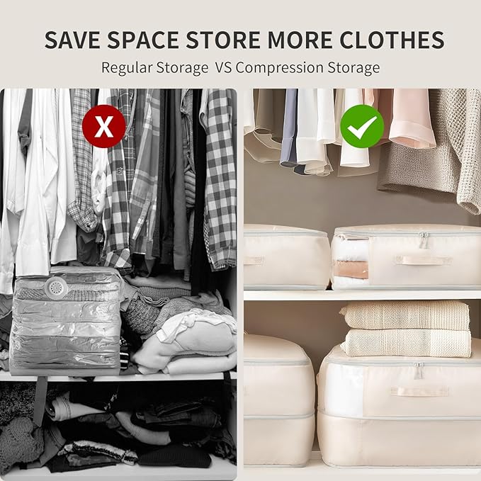 DIMJ 66L Comforter Storage Bag - 2 Pack Space Saving Self Compression Bags for Blankets, Duvets, Pillows, Bedding, and Down Jackets with Clear Window and Handle