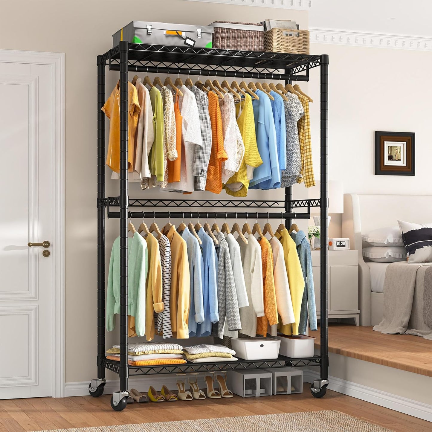 Raybee Heavy Duty Clothing Rack with Wheels,Rolling Clothes Rack for Hanging Clothes,Portable,2 Shelves,Black