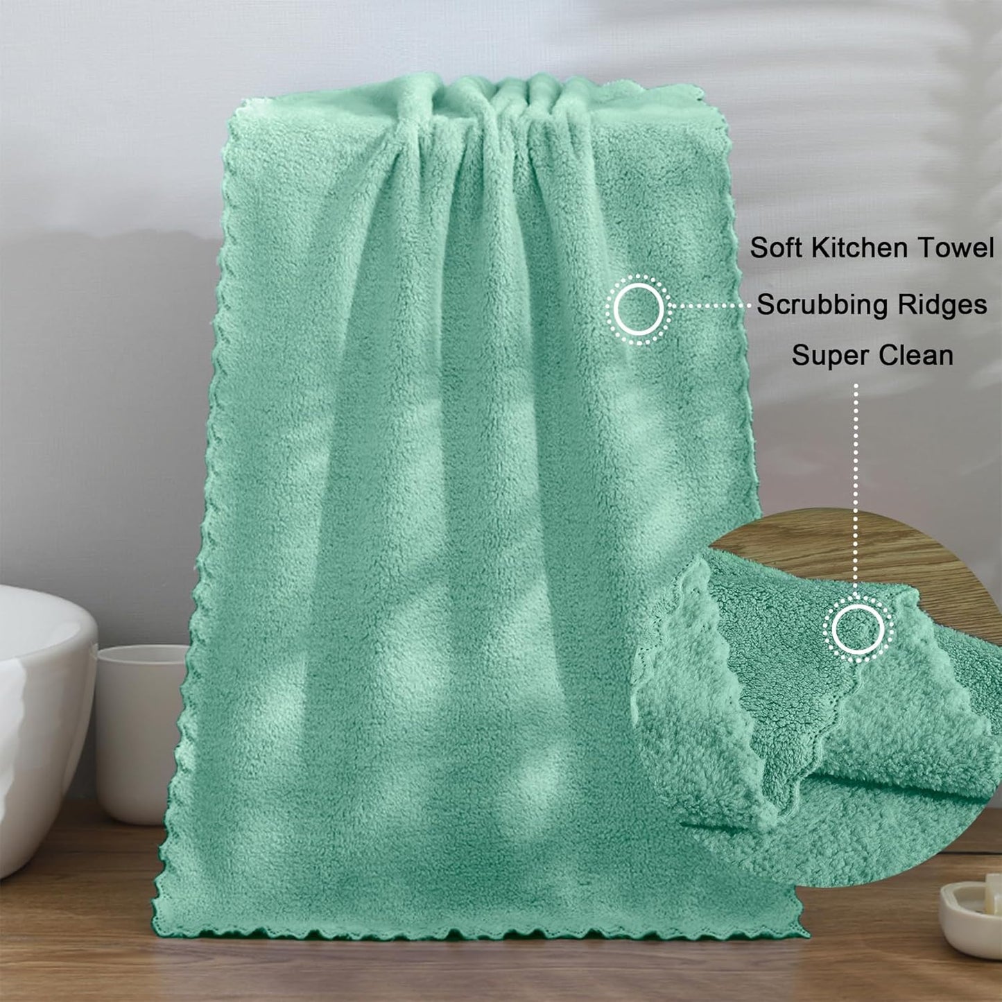 kimteny Kitchen Cloth Dish Towels, 13x28 Inches Premium Dishcloths, Super Absorbent Coral Velvet Microfiber Cleaning Cloths, Fast Drying Rags for Washing Dishes (13x28-6 Pack, Green)