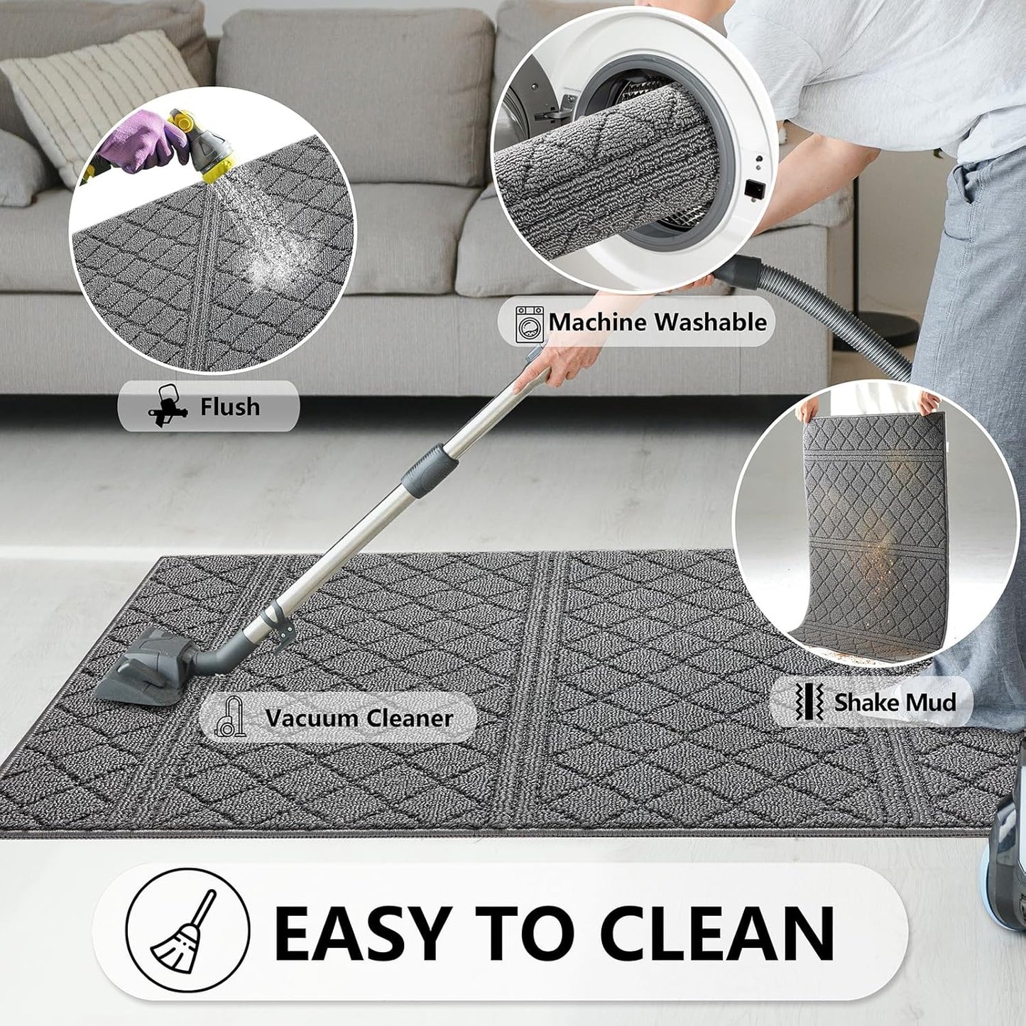 REFETONE Indoor Doormat, Front Back Door Mat 24"x36" Absorbent Rubber Backing Non Slip Door Mats, Low-Profile Resist Dirt Entrance Rugs, Machine Washable Door Rug Inside Floor Mat for Entryway, Grey