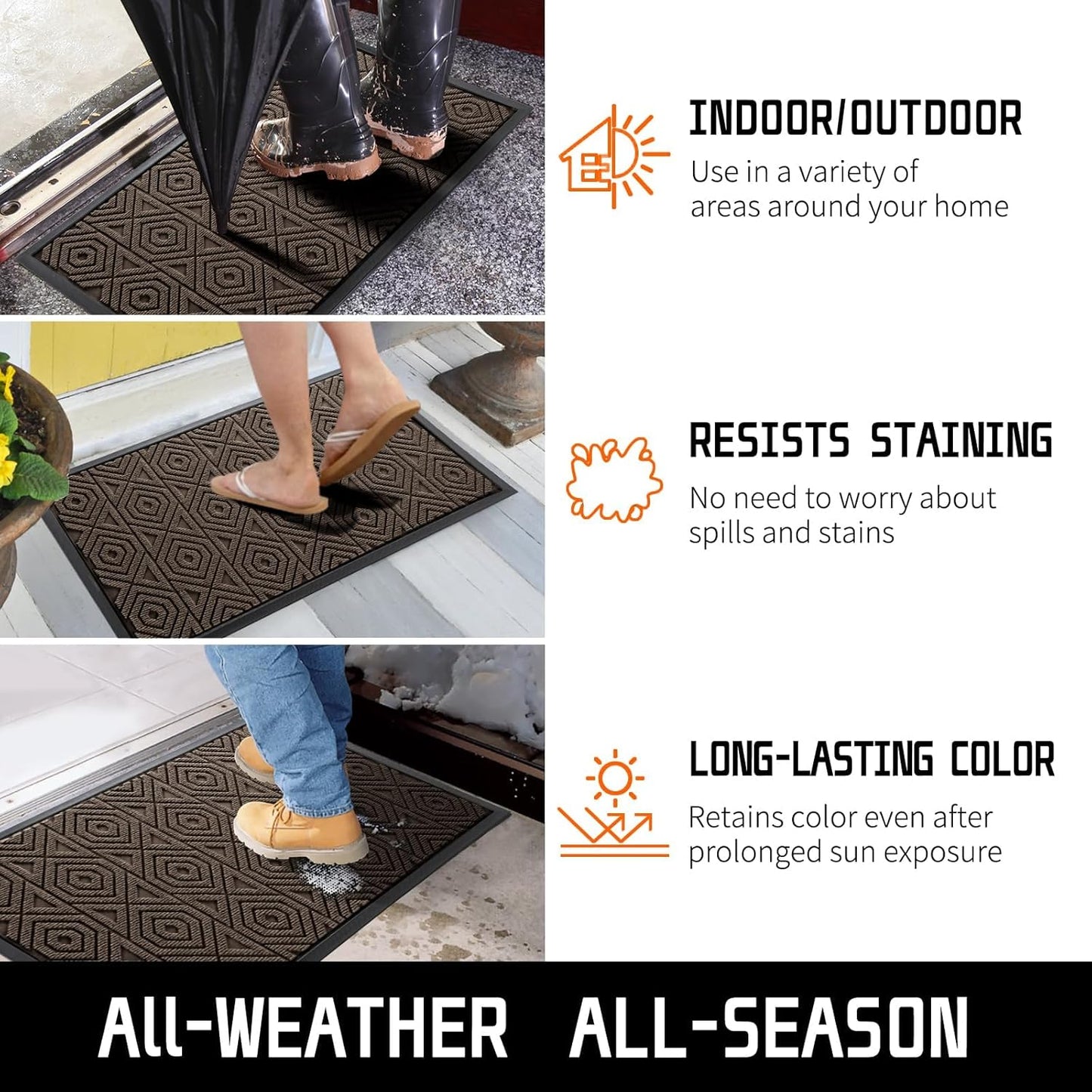Yimobra Door Mat, Outdoor Indoor Entrance Welcome Mat, Heavy Entry Front Door Mat, Stain & Fade Resistant, Low Profile, Sturdy Rubber, Easy Clean Patio Floor Mat, Waterproof, 47 x 24, Brown