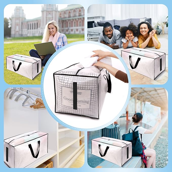 8 Pack Large Strong Moving Bags with Zippers & Carrying Handles - Water-Resistant - Heavy Duty Storage Tote for Space Saving, Fold Flat, Alternative to Moving Box (Semi-Transparent)