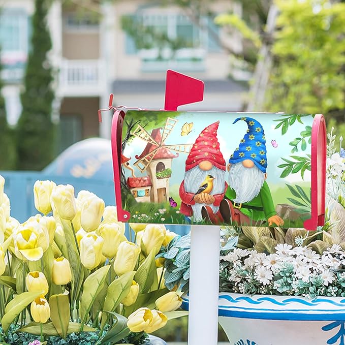 Sweet Gnome Mailbox Covers Magnetic Spring Gnomes Decorative Mailboxes Wraps Post Letter Box Cover Standard Size 21x18 Inch for Outdoor Garden Yard Home Decor Outside