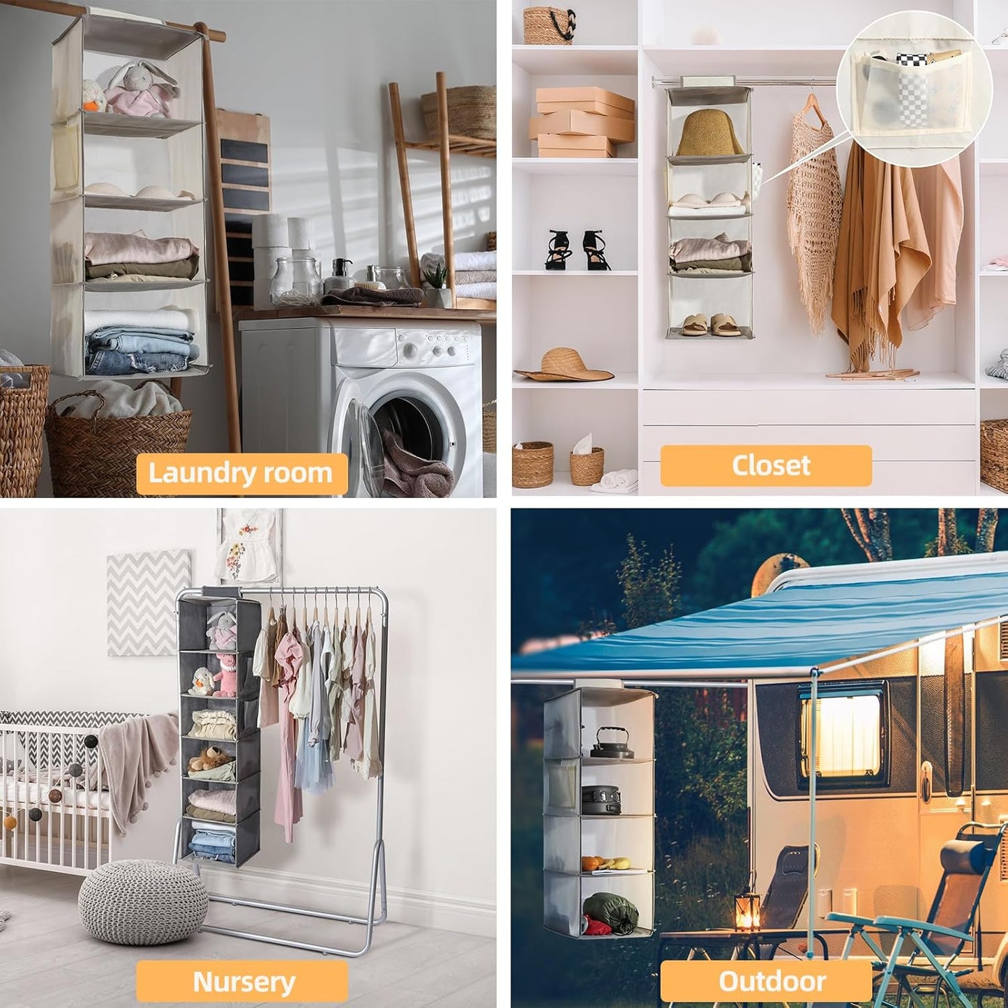 2-Pack Hanging Organizer, 4-Shelf Closet Shelves With Side Pockets, Grey