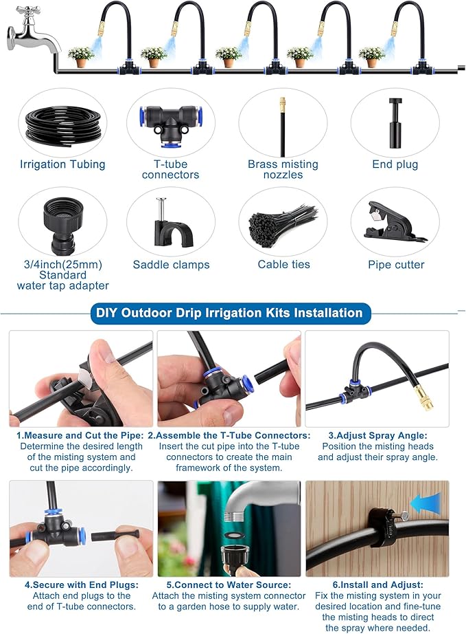 Mornajina Automatic Drip Irrigation Kits Garden Irrigation System, Includes 66FT 5/16 inch Irrigation Tubing Hose & 20Pcs 360° Bending Dropper Atomizing Mist Nozzles Tee for Garden Watering System