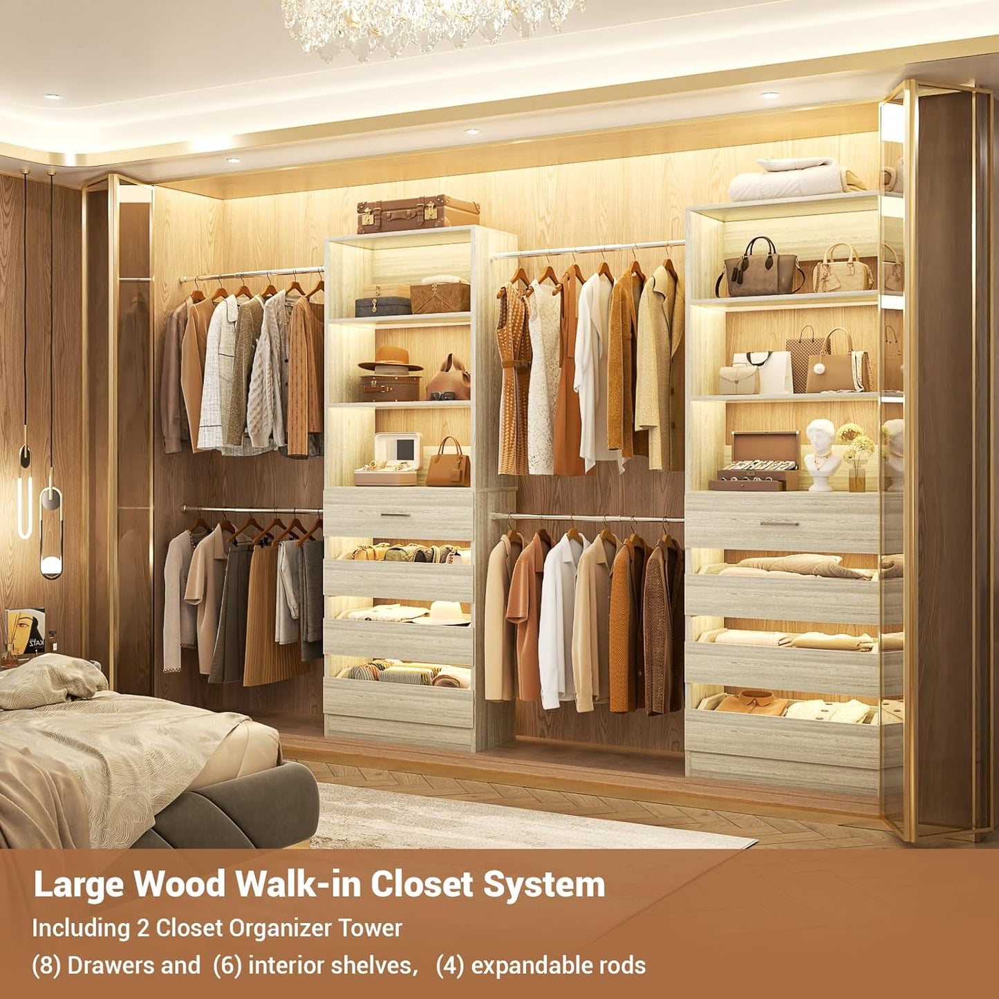 Aheaplus Closet System, 6-15Ft Closet Organizer with 8 Wooden Drawers, Wood Closet Organizer System with Tower, Walk-in Closet Organizer Wardrobe Garment Clothes Rack with 4 Hanging Rods, White Oak