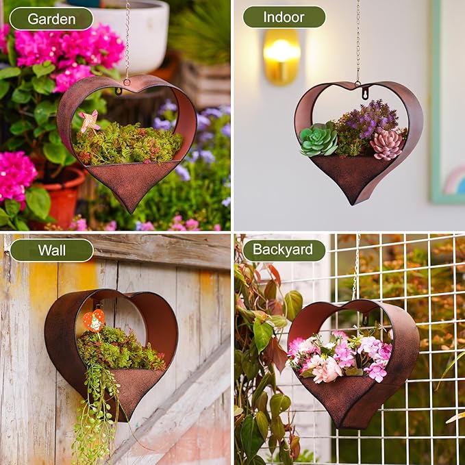 Metal Plant Hangers Indoor and Outdoor: Birthday Gifts for Women Mom Wife Father Garden Lovers - Rustic Heart Shape Hanging Planters Perfect for Window Wall Living Room Office Decor