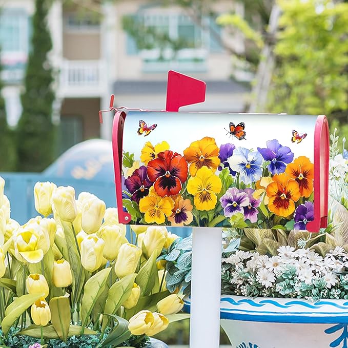 Watercolor Floral Mailbox Covers Magnetic Large Size 25.5''x21'' Spring Summer Flowers Butterfly Letter Box Wrap Colorful Flower Seasonal Waterproof Post Letter Box Cover for Outdoor Garden Yard