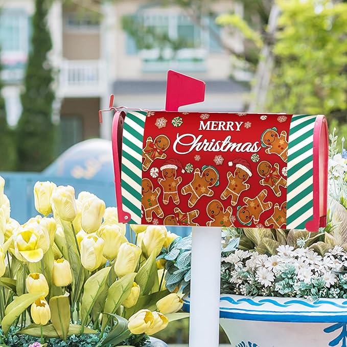 Xmas Gingerbread Man Mailbox Covers Magnetic Standard Size 21" X 18" Merry Christma Red Letter Post Wraps Winter Holiday Funny Decorative Holiday Postbox Covers for Home Outdoor Garden Yard