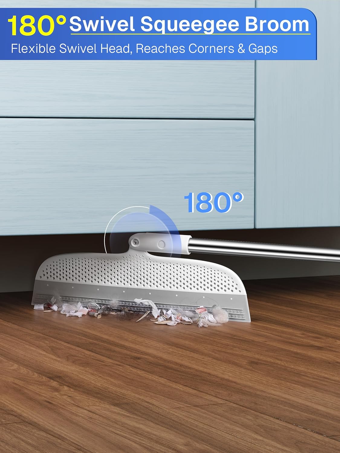 Floor Squeegee & Broom with Long Handle, 180° Rotating Head Silicone Blade Removes Water & Pet Hair | Squeegee for Tile, Shower Glass, Windows, Garage, Deck & Patio